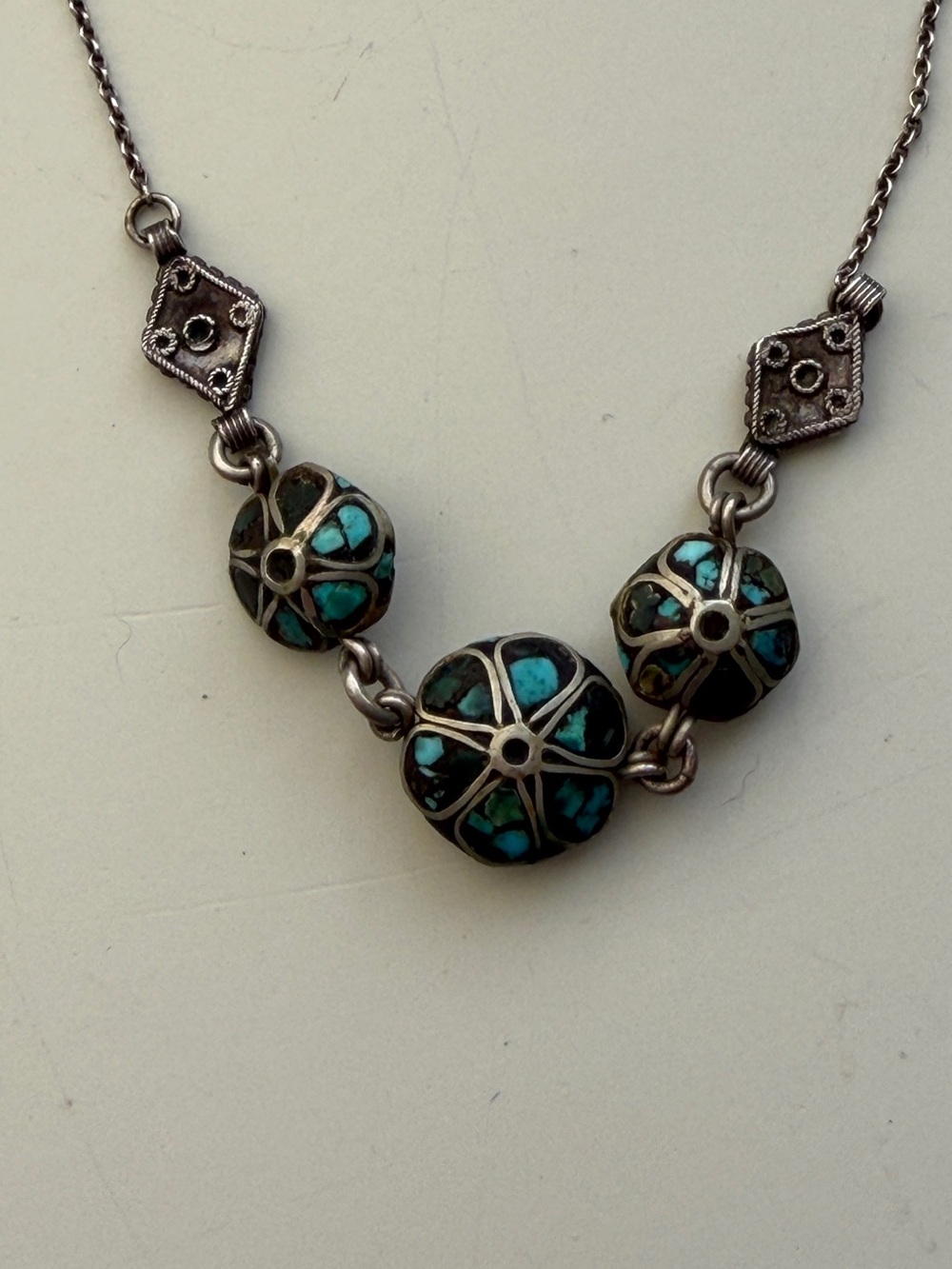 Inlaid Turquoise Mosiac Sterling Silver Necklace.
